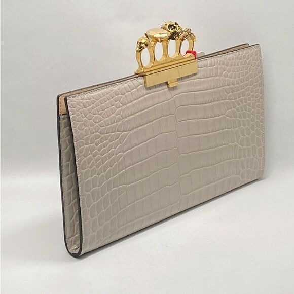 Alexander McQueen Four-Ring Knuckle Clasp Croc Embossed Leather Clutch - Picture 6 of 12
